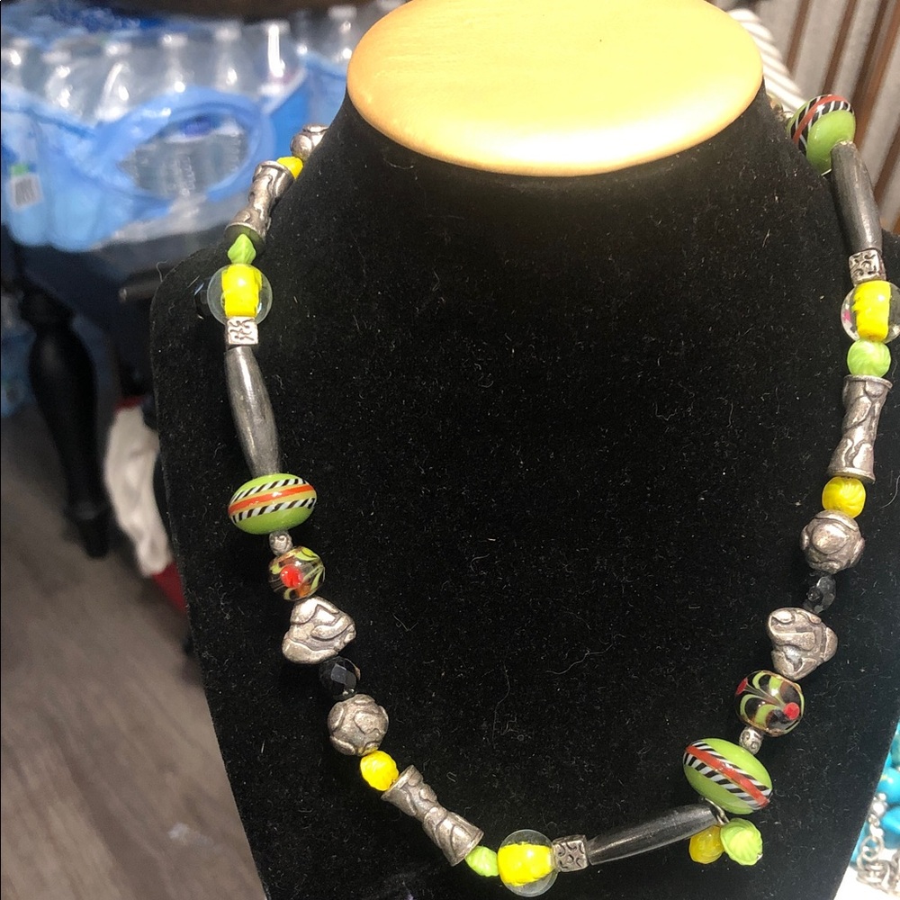 Chico's Lime Green & Black Beaded Mixed-Metal Necklace